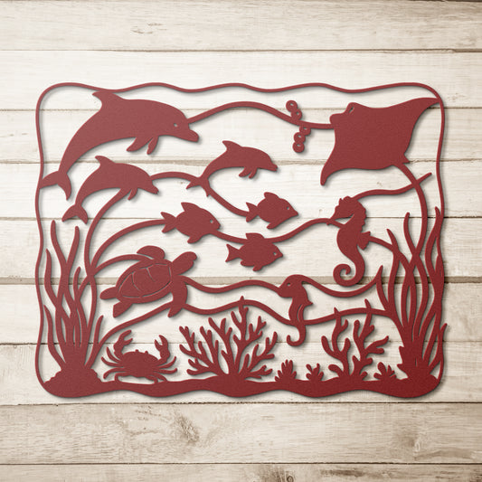 Under_the_Waves__Sea_Life_Metal_Wall__Red_Simple_Wood_BKGD_Mockup.png