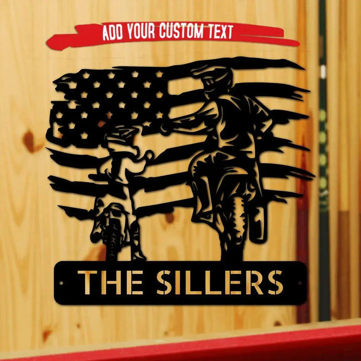 Black metal American flag motocross family monogram with "THE SILLERS" custom text.