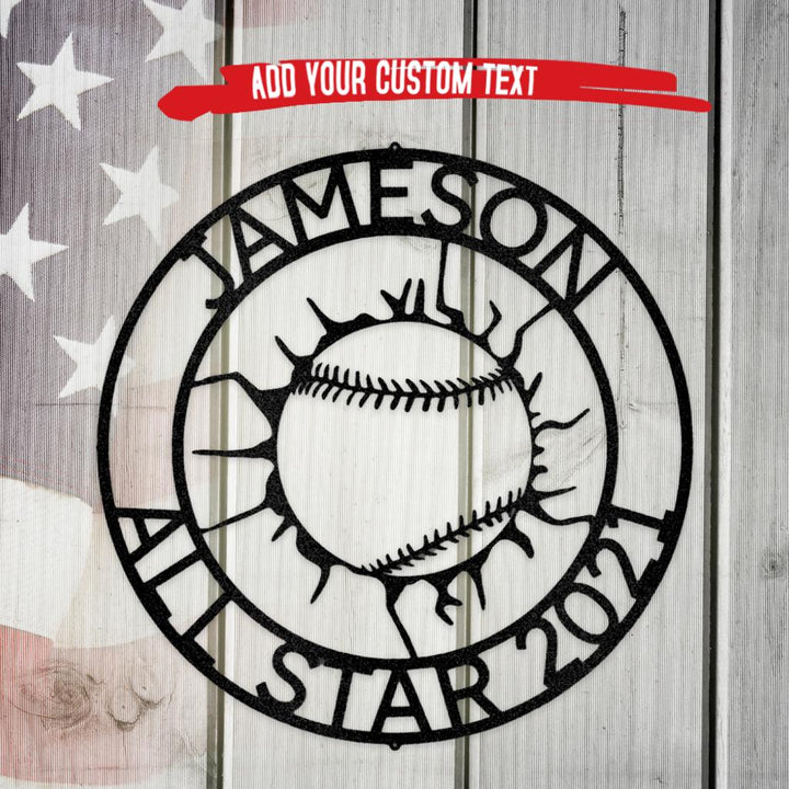 Black metal baseball monogram wall art with "JAMESON ALL STAR 2021" text.