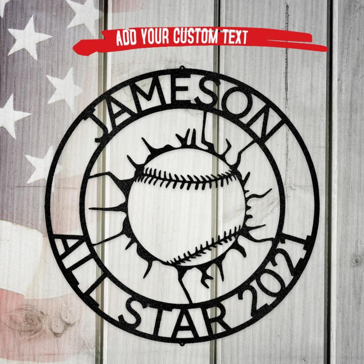 Black metal baseball monogram wall art with "JAMESON ALL STAR 2021" text.
