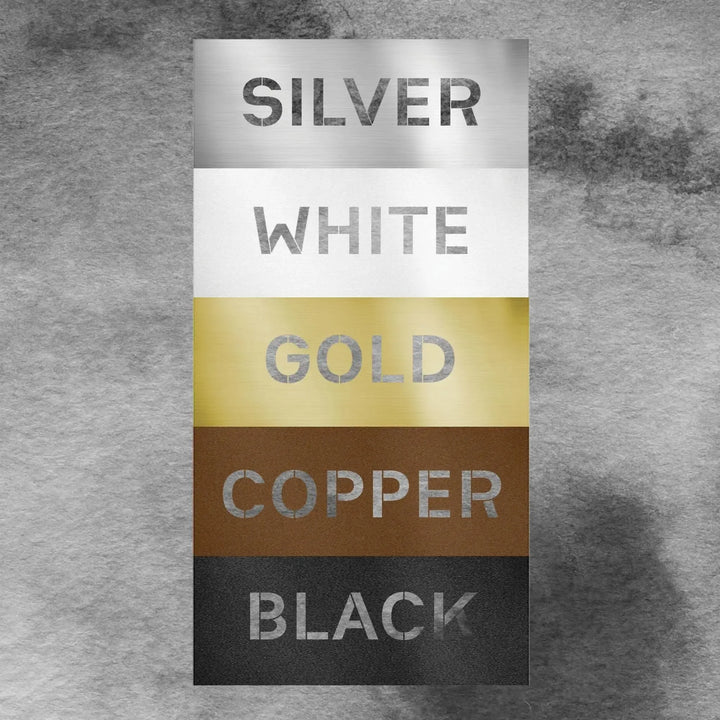 Metal wall art color swatches: silver, white, gold, copper, and black finishes for custom decor.