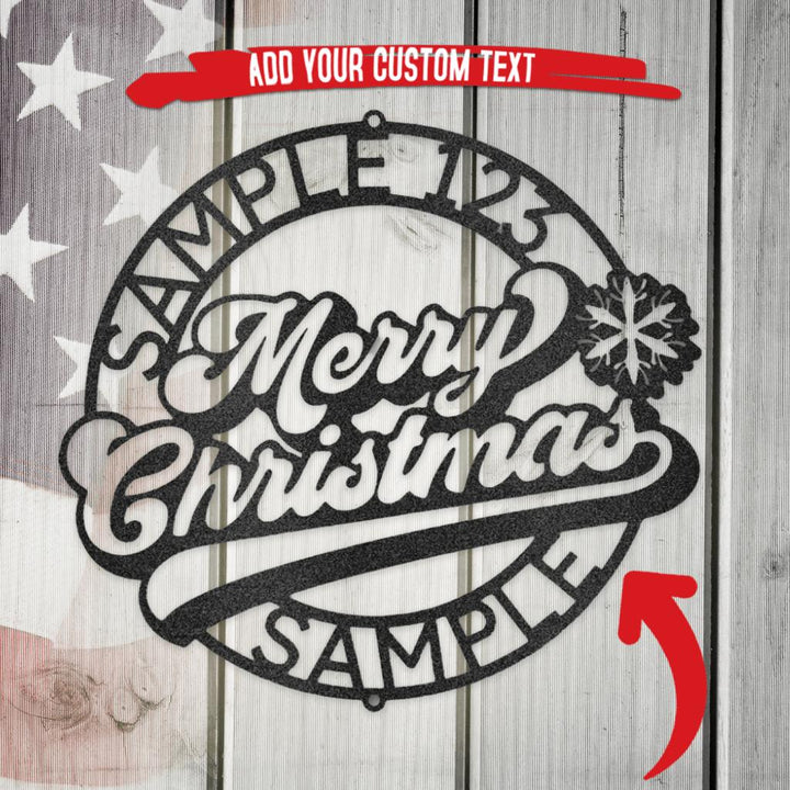 Black metal Christmas ring wall art with "Merry Christmas" script, snowflake, and custom text areas.