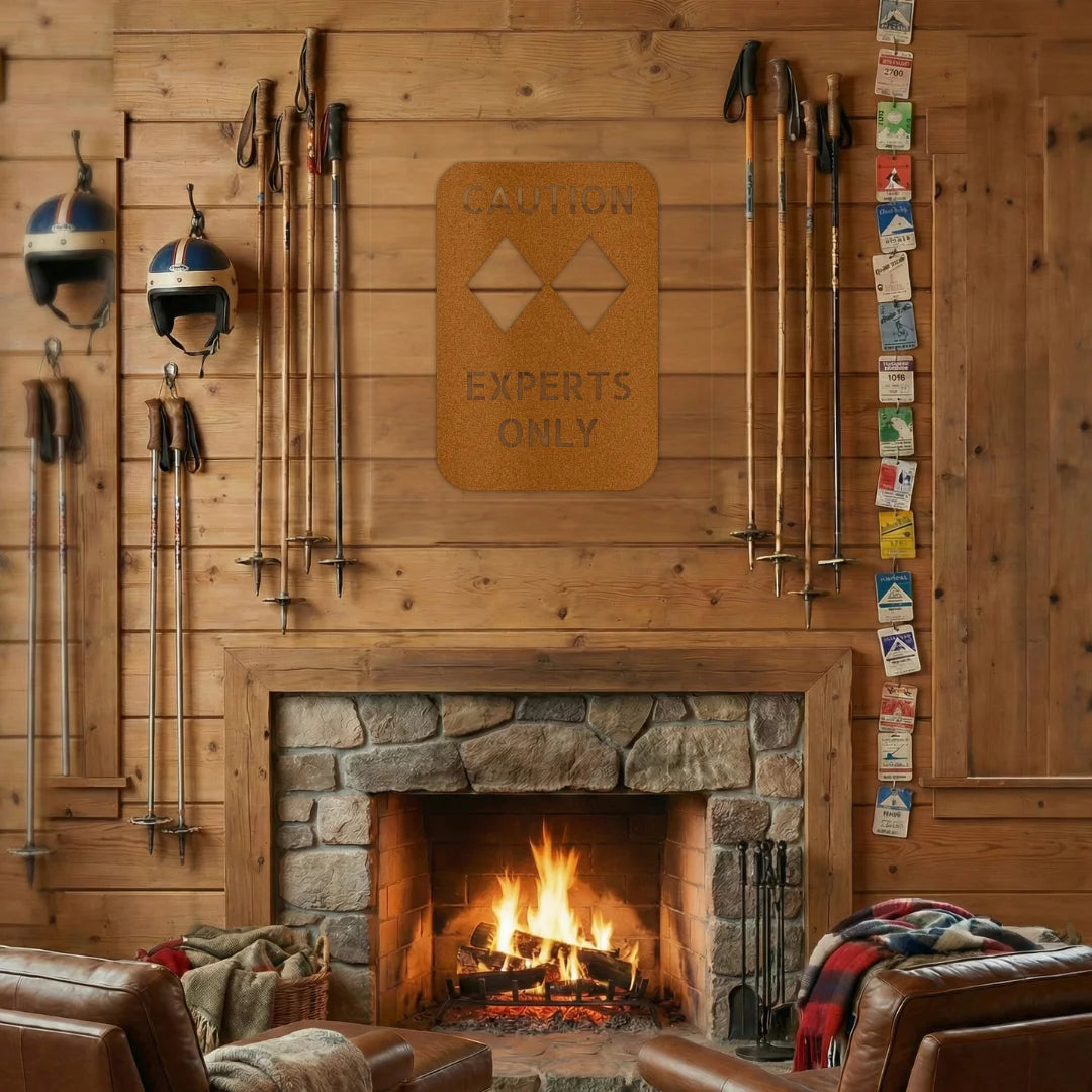 Wooden wall with skis, helmets, and 'Experts Only' sign above a fireplace.