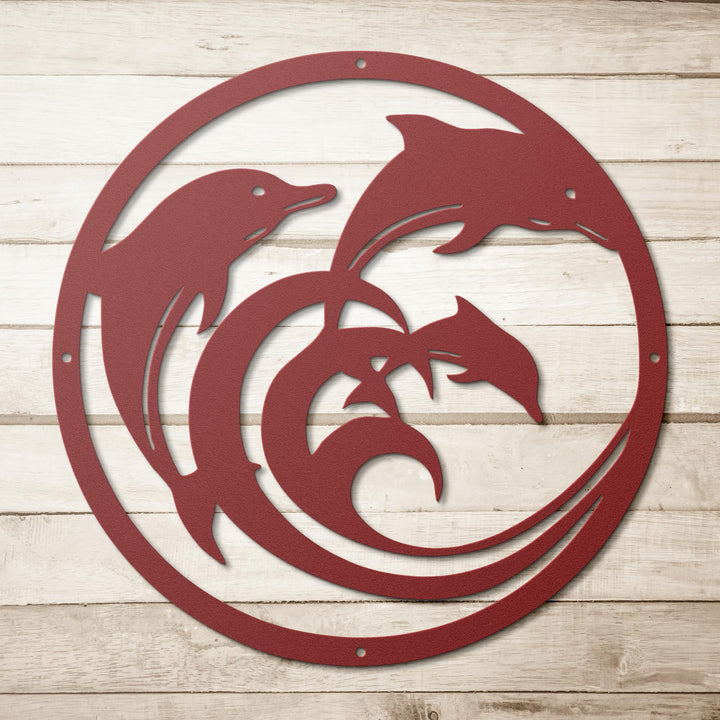Dolphin_Circle_Metal_Wall_Art_Red_Simple_Wood_BKGD_Mockup