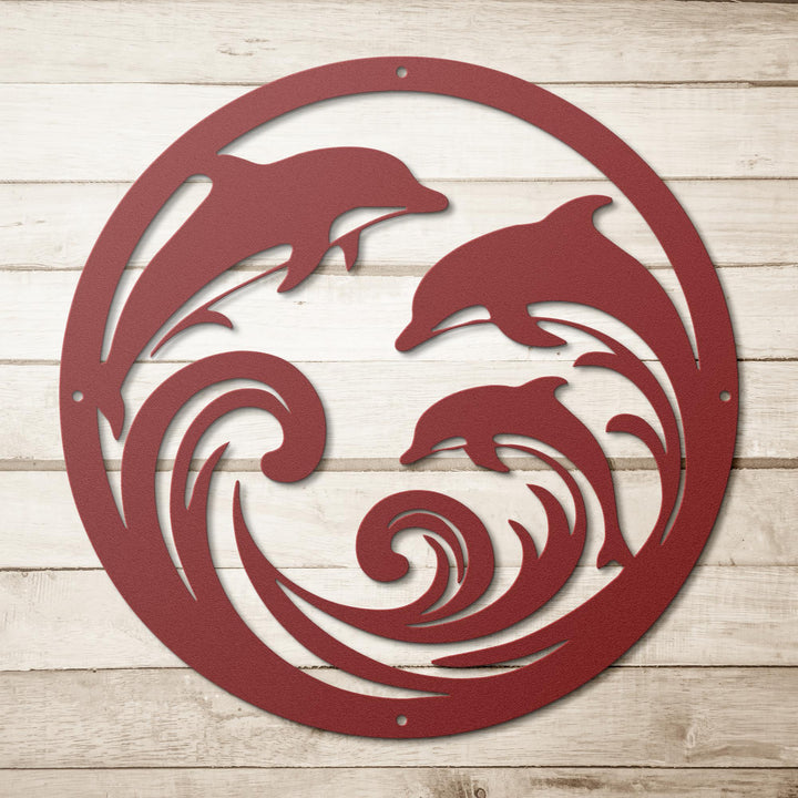 Dolphin_Trio_Round_Metal_Wall_Art_Red_Simple_Wood_BKGD_Mockup