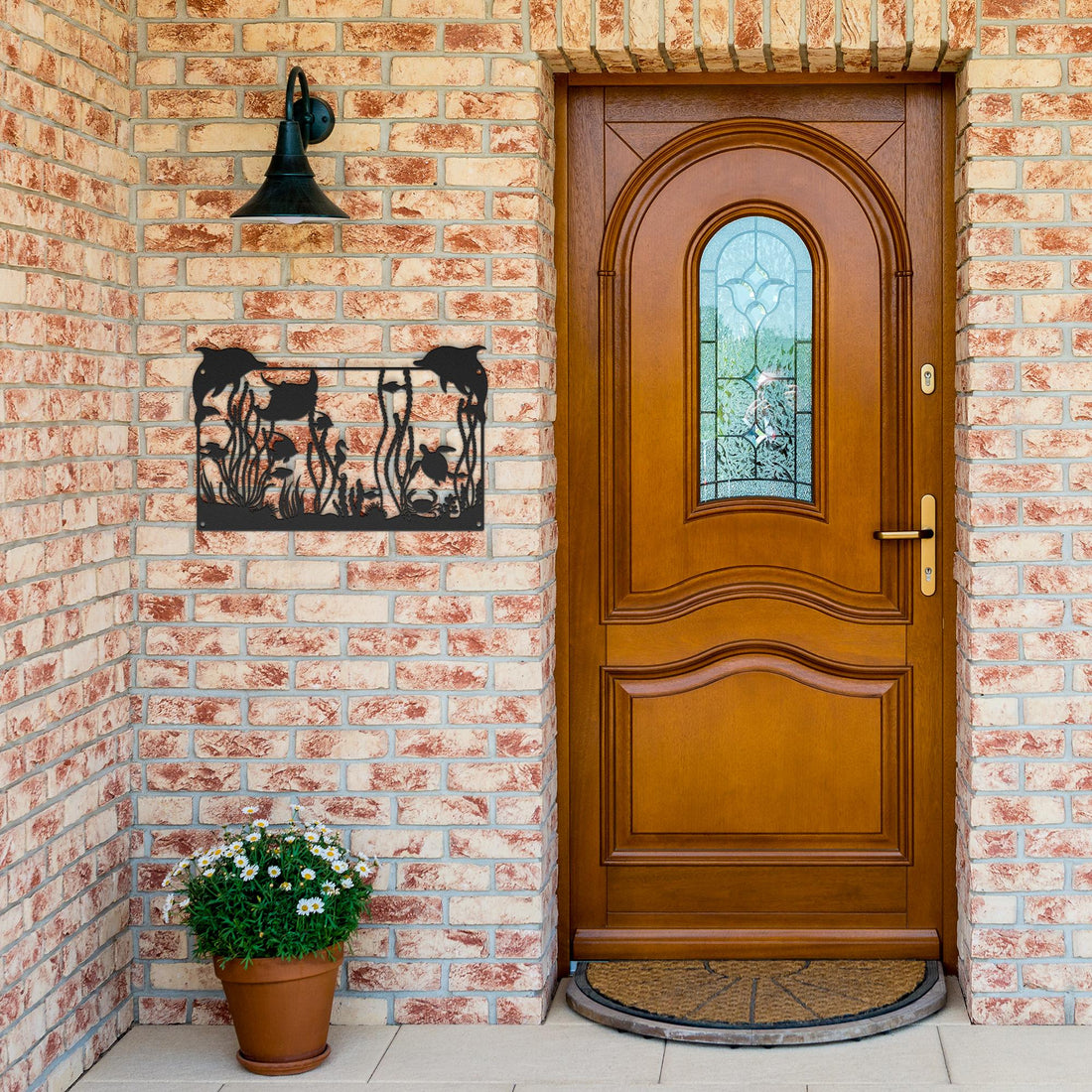 Dolphins_Turtles__Coral_Reef_Metal_Wal_Black_Brick_Entrance_Mockup