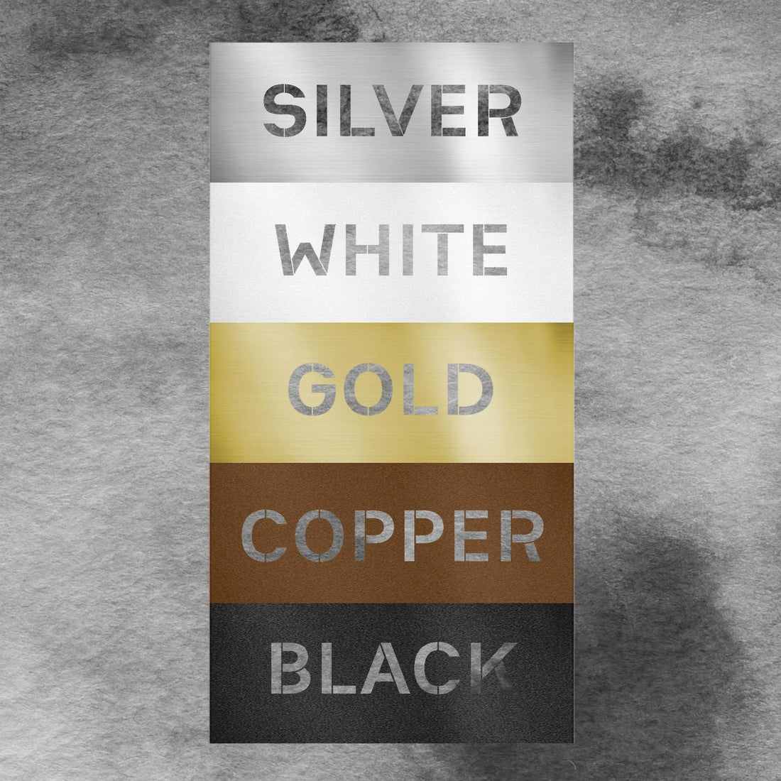 Metal wall art color swatches: silver, white, gold, copper, and black finishes.