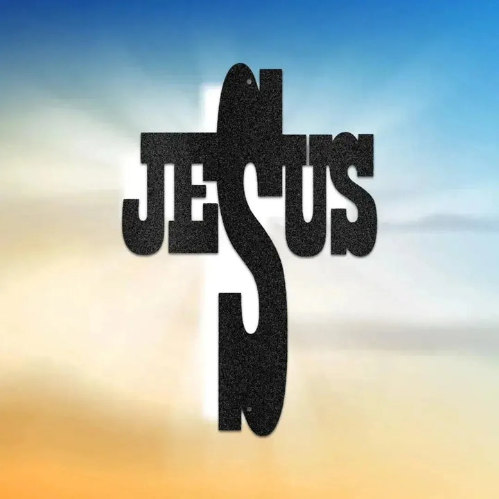 Black metal wall art forming a cross with "JESUS" integrated into its design, on a gradient background.