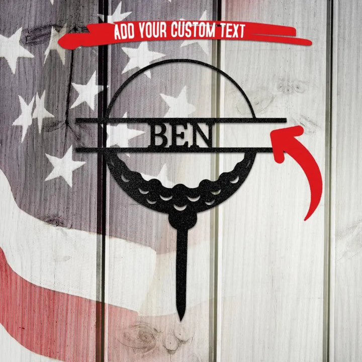 Black metal golf ball monogram wall art with "BEN" custom text, on an American flag background.