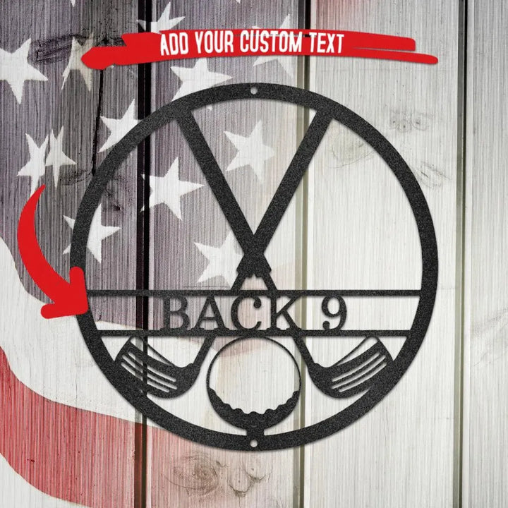 Black metal golf club monogram art with "BACK 9" text, golf ball, and two clubs, on a rustic American flag background.