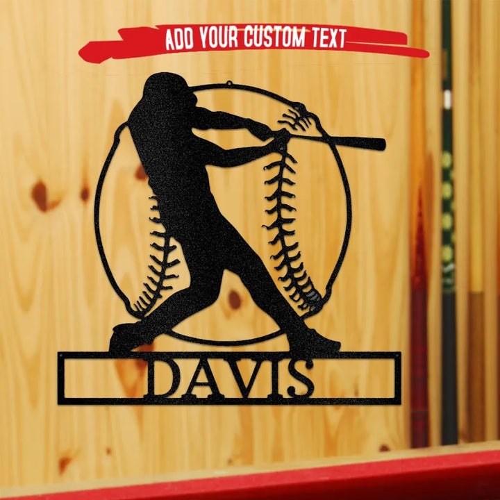 Black metal baseball player silhouette with bat, ball outline, and custom "DAVIS" nameplate.