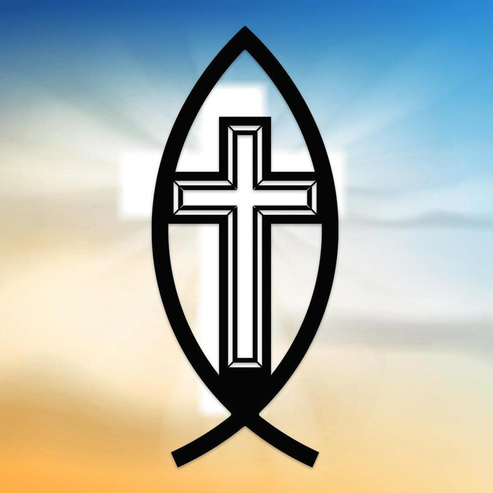 Ichthys Symbol Fish with Cross Metal Wall Art