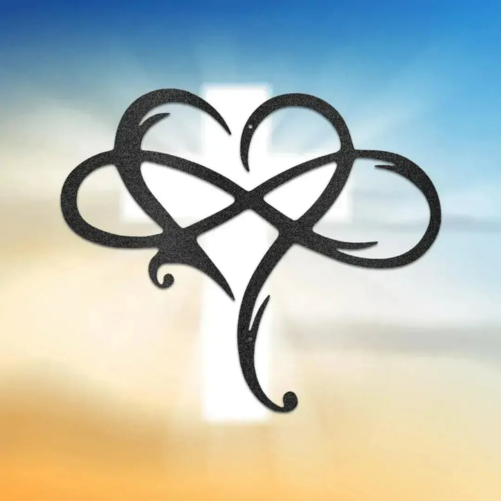 Black metal infinity symbol intertwined with a heart, set against a blurred cross and gradient sky.