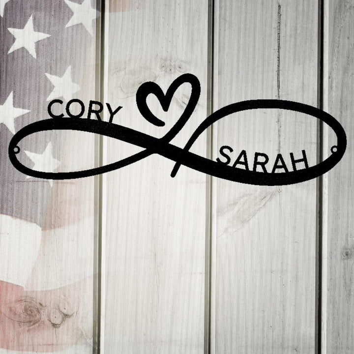 Black metal infinity sign with heart, personalized with "CORY" and "SARAH" for couples.