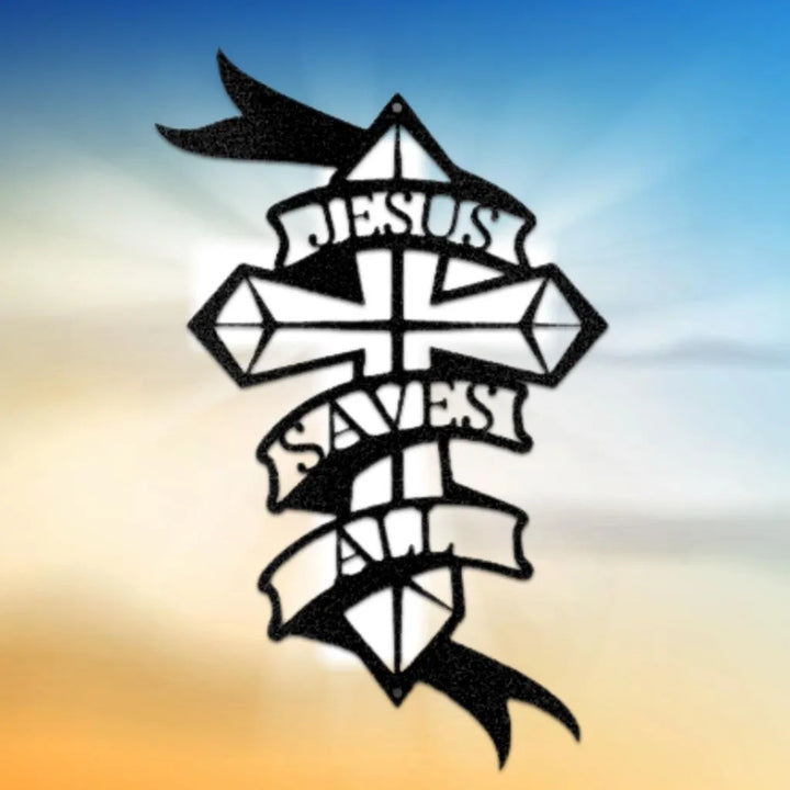 Black metal wall art cross with "Jesus Saves All" text on banners, against a blue and orange gradient.