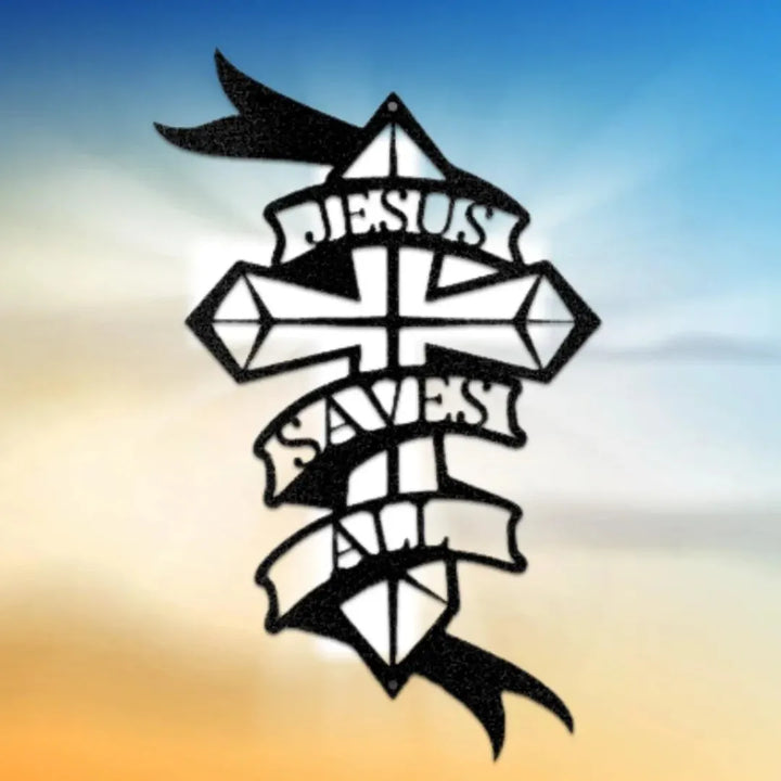 Black metal wall art cross with "Jesus Saves All" text on banners, against a blue and orange gradient.