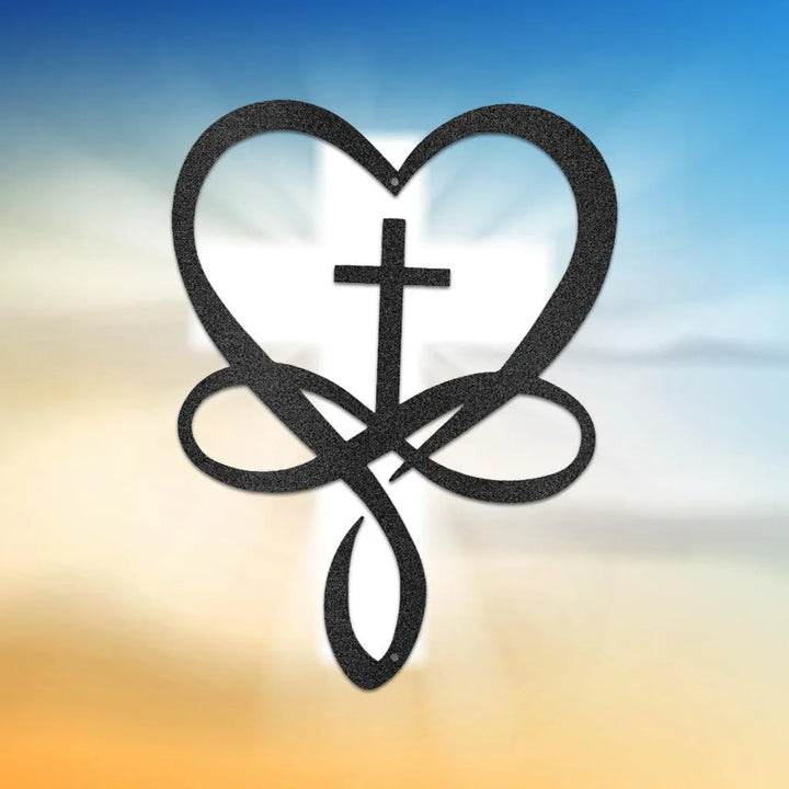 Black metal Love Infinity Cross wall art with a textured finish.