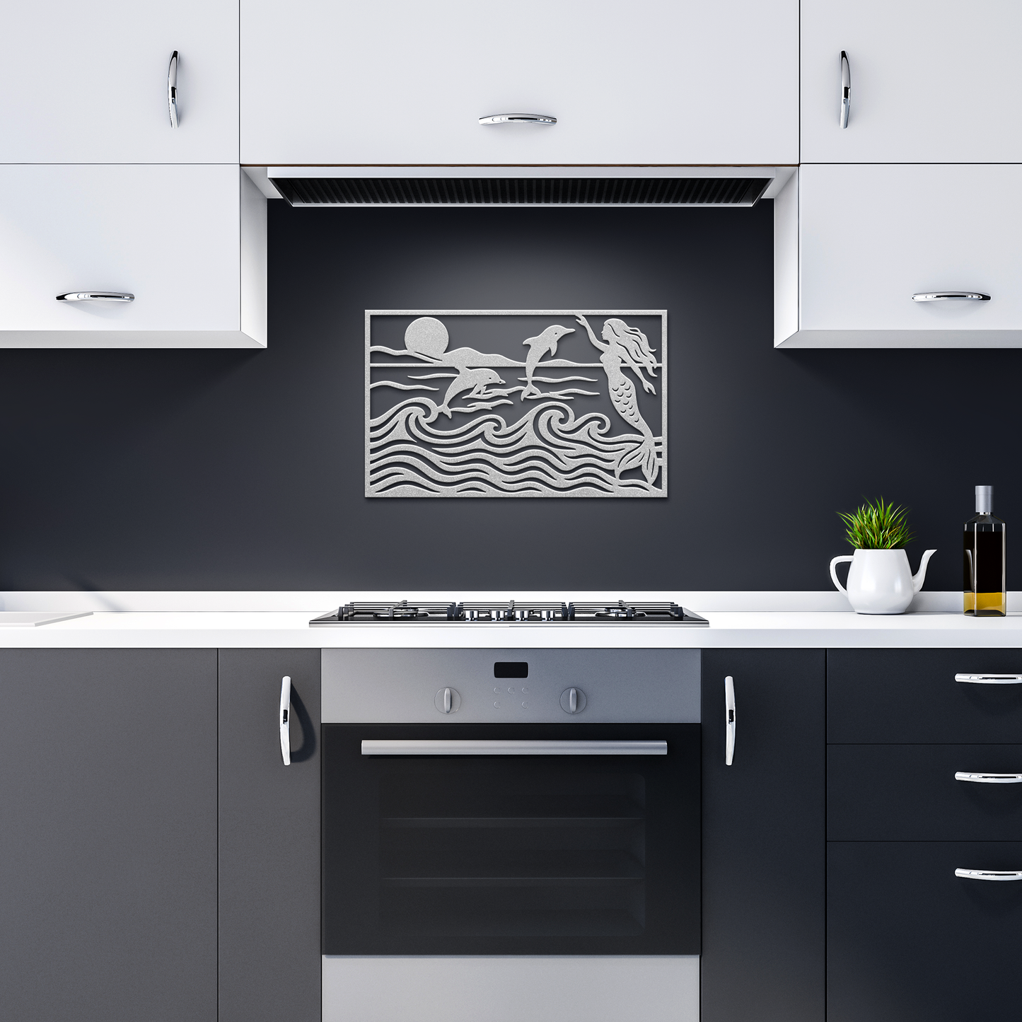 Mermaid__Dolphins_Ocean_Waves_Sunset_Silver_Dark_Kitchen_Mockup.png