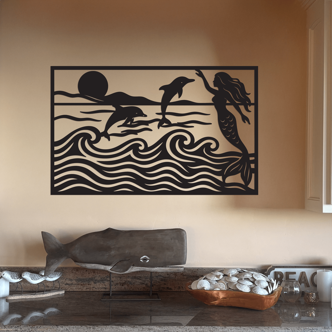Mermaid & Dolphins Ocean Waves Metal Decor