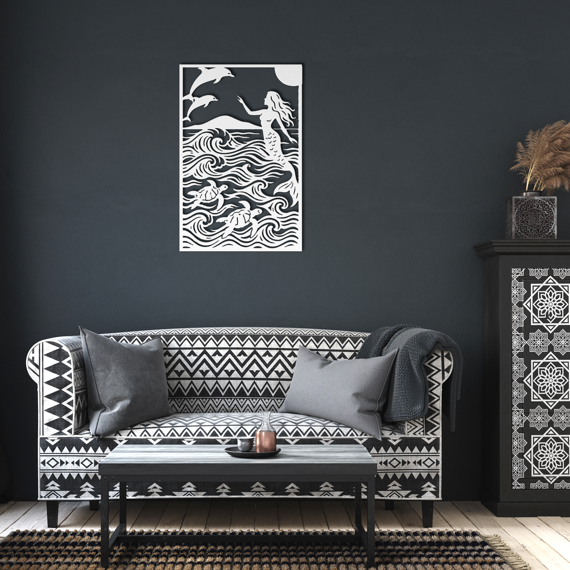 Mermaid__Dolphins_Metal_Wall_Art_with_S_White_Dark_Living_Room_Mockup.png