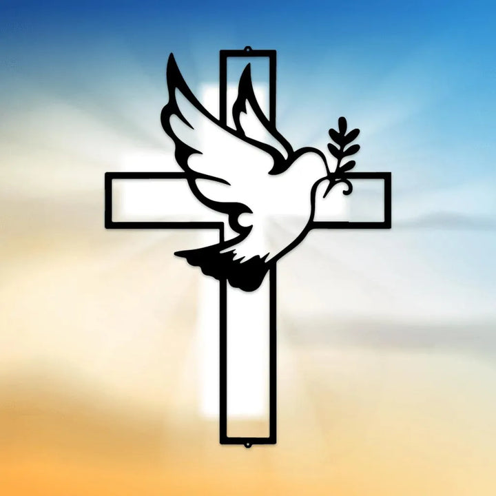 Black metal wall art featuring a dove with an olive branch flying in front of a cross.
