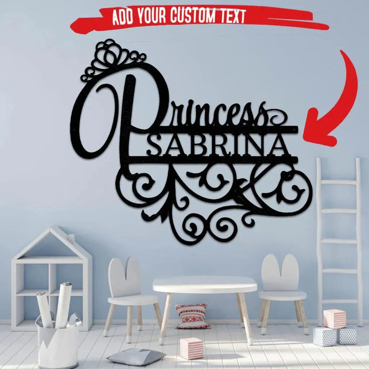 Black metal Princess Sabrina monogram wall art with crown and scroll details, perfect for a child's room.