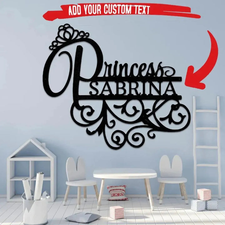 Black metal Princess Sabrina monogram wall art with crown and scroll details, perfect for a child's room.