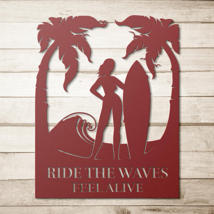 Ride_the_Waves_Feel_Alive_Metal_Wall_Art_Red_Simple_Wood_BKGD_Mockup