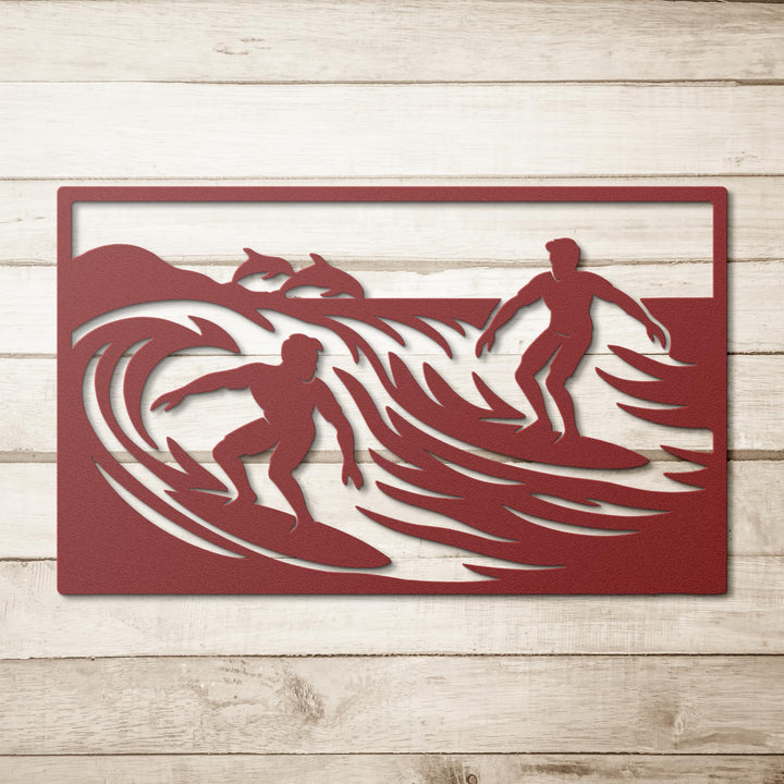 Riding_the_Waves_Surfers_Metal_Wall_Art_Red_Simple_Wood_BKGD_Mockup