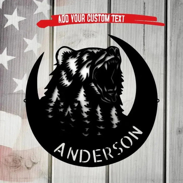 Black metal roaring bear and forest crescent moon monogram sign with "ANDERSON" text.