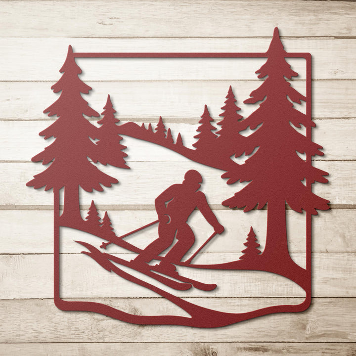 Skier_in_Pine_Forest_Metal_Wall_Art_Red_Simple_Wood_BKGD_Mockup.png