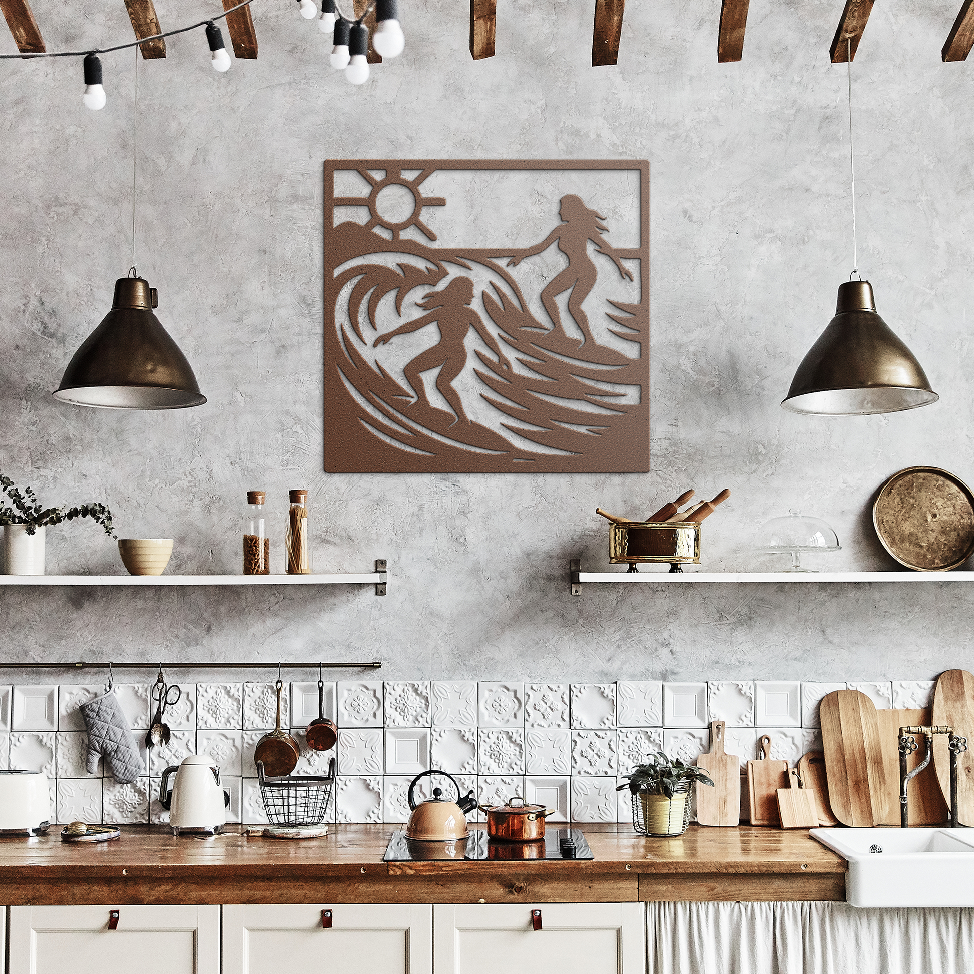 Surfer_Girls_Ride_the_Waves_Copper_Rustic_Kitchen_Mockup.png