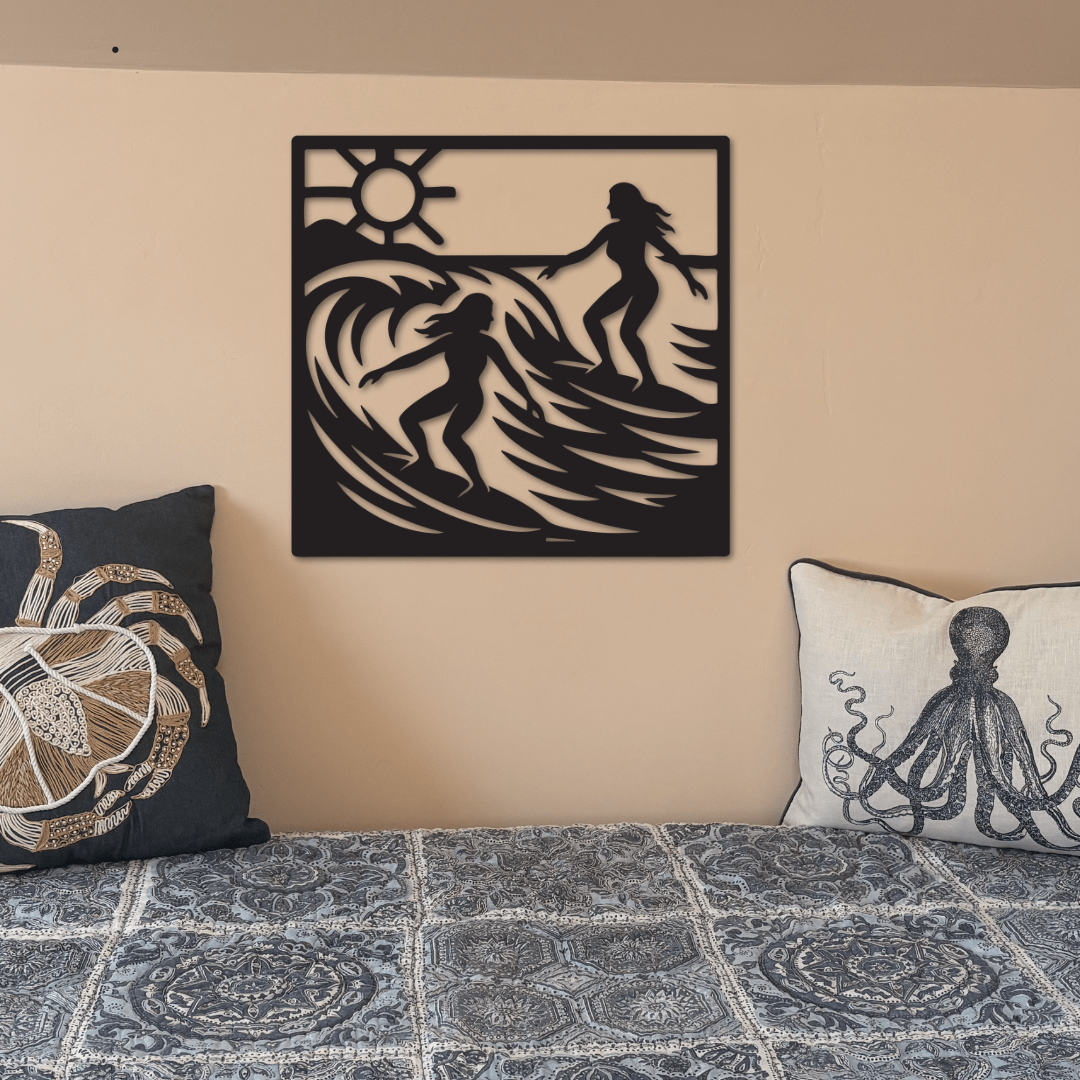 Surfer Girls Ride the Waves Wall Art