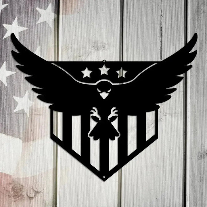 Black metal wall art featuring a swooping eagle with three stars above a striped shield, on a rustic American flag background.
