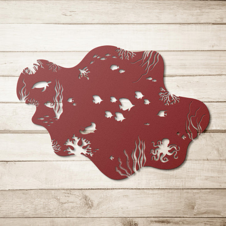 Underwater_Sealife_Metal_Wall_Art_Red_Simple_Wood_BKGD_Mockup