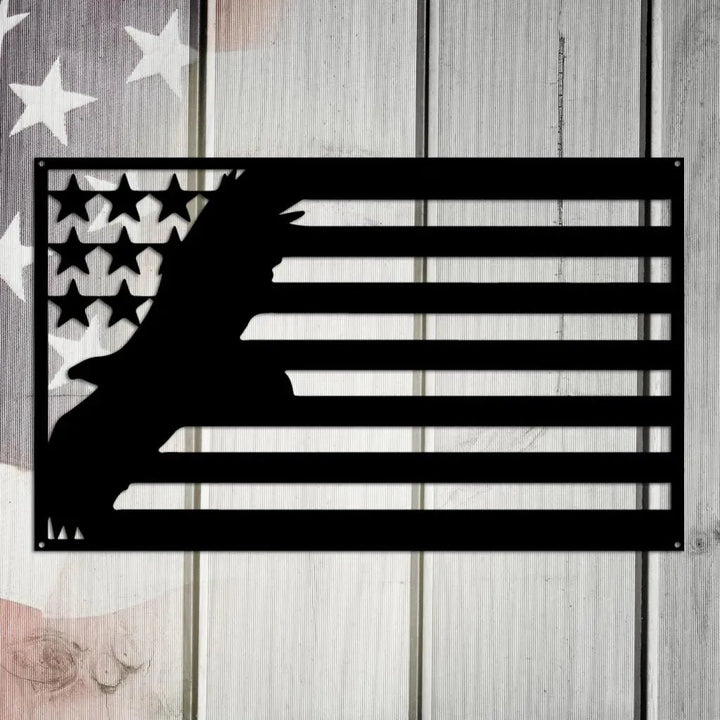 Black metal wall art featuring an American flag design with a soaring eagle silhouette.