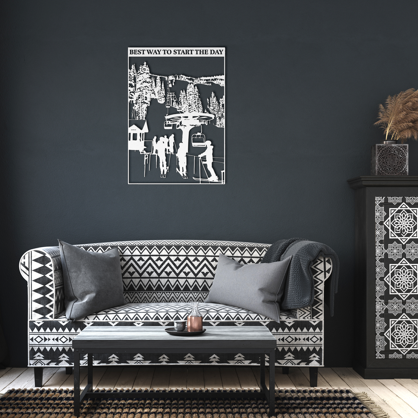 Best_Way_to_Start_the_Day_Metal_Wall_Art_White_Dark_Living_Room_Mockup.png