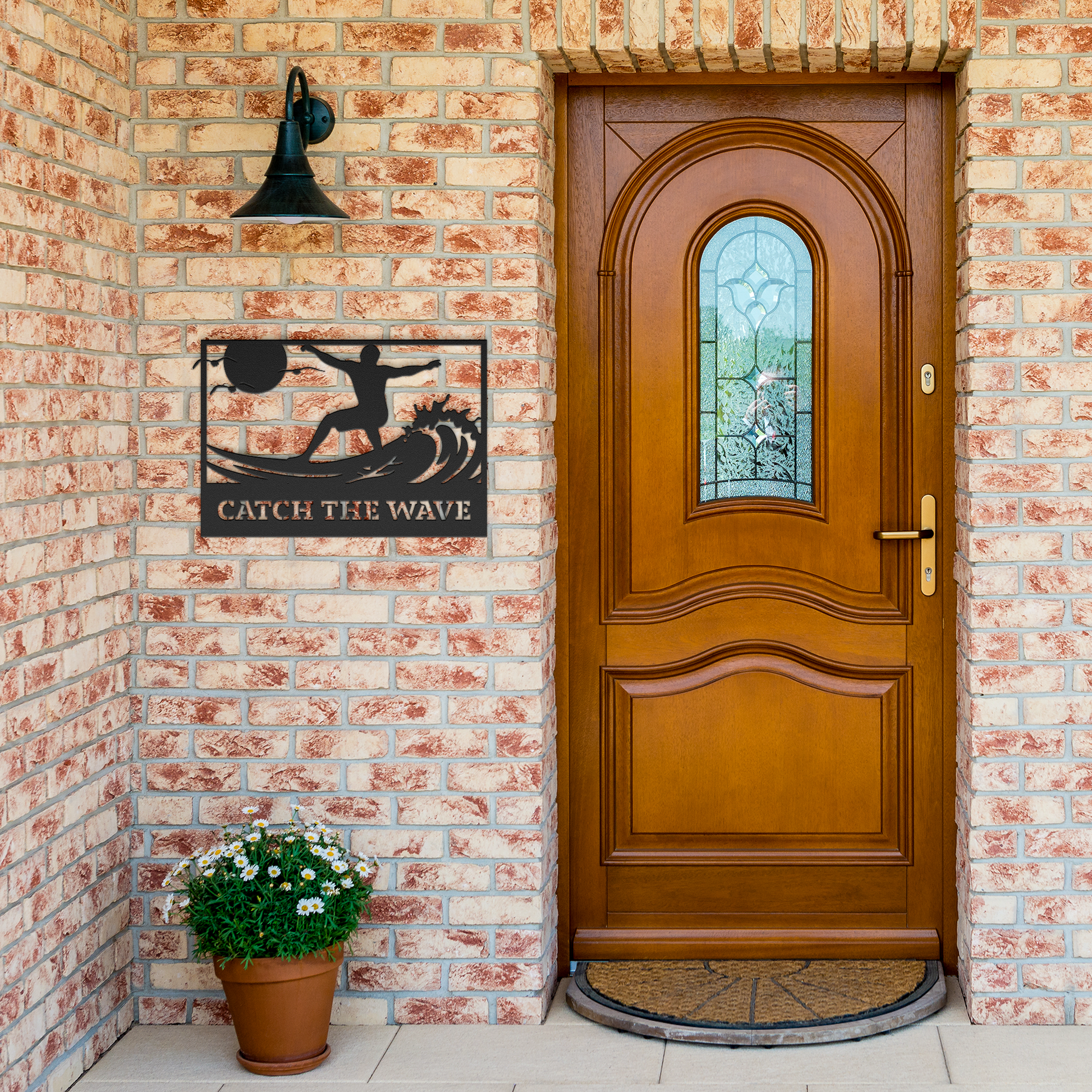 Catch_the_Wave_Metal_Wall_Art_Black_Brick_Entrance_Mockup.png