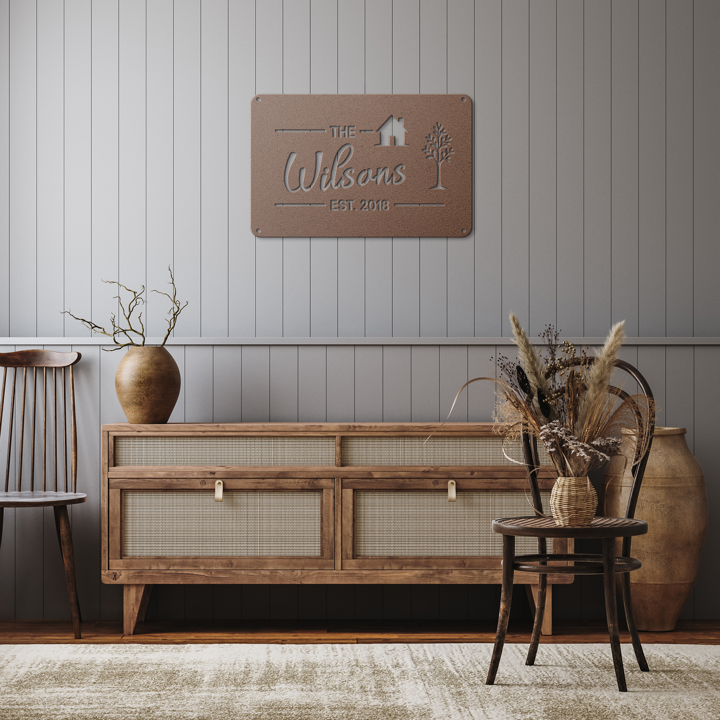 Custom_Family_Name_Metal_Address_Sign_Copper_Rustic_Hallway_Mockup.png