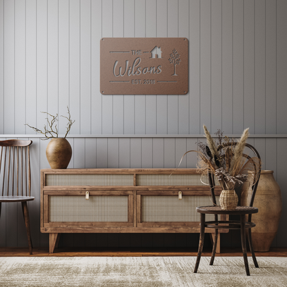 Custom_Family_Name_Metal_Address_Sign_Copper_Rustic_Hallway_Mockup.png