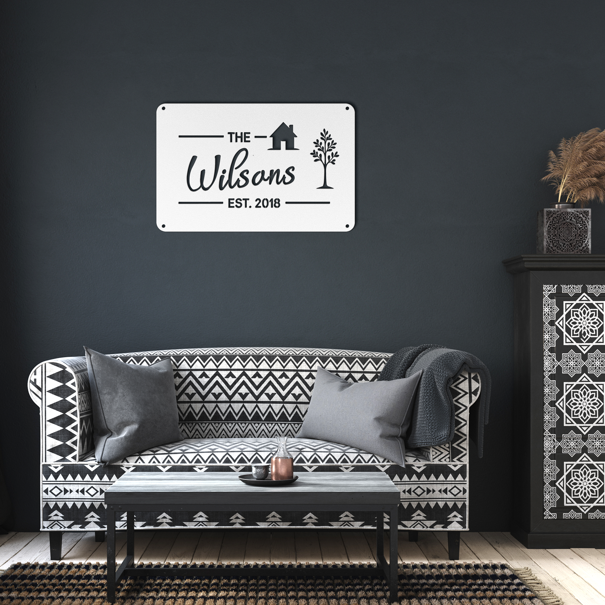 Custom_Family_Name_Metal_Address_Sign_White_Dark_Living_Room_Mockup.png