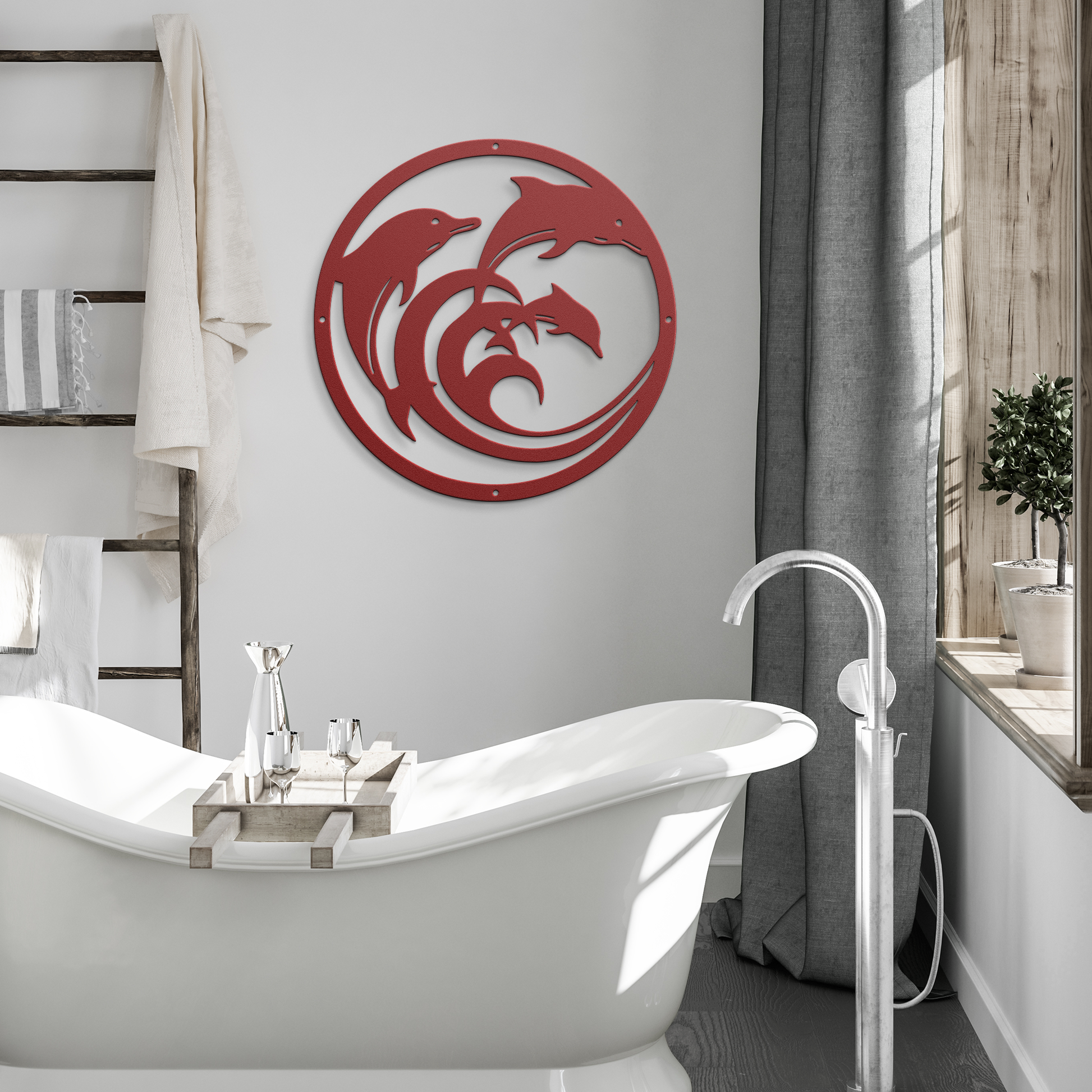 Dolphin_Circle_Metal_Wall_Art_Red_Modern_Bathroom_Mockup.png