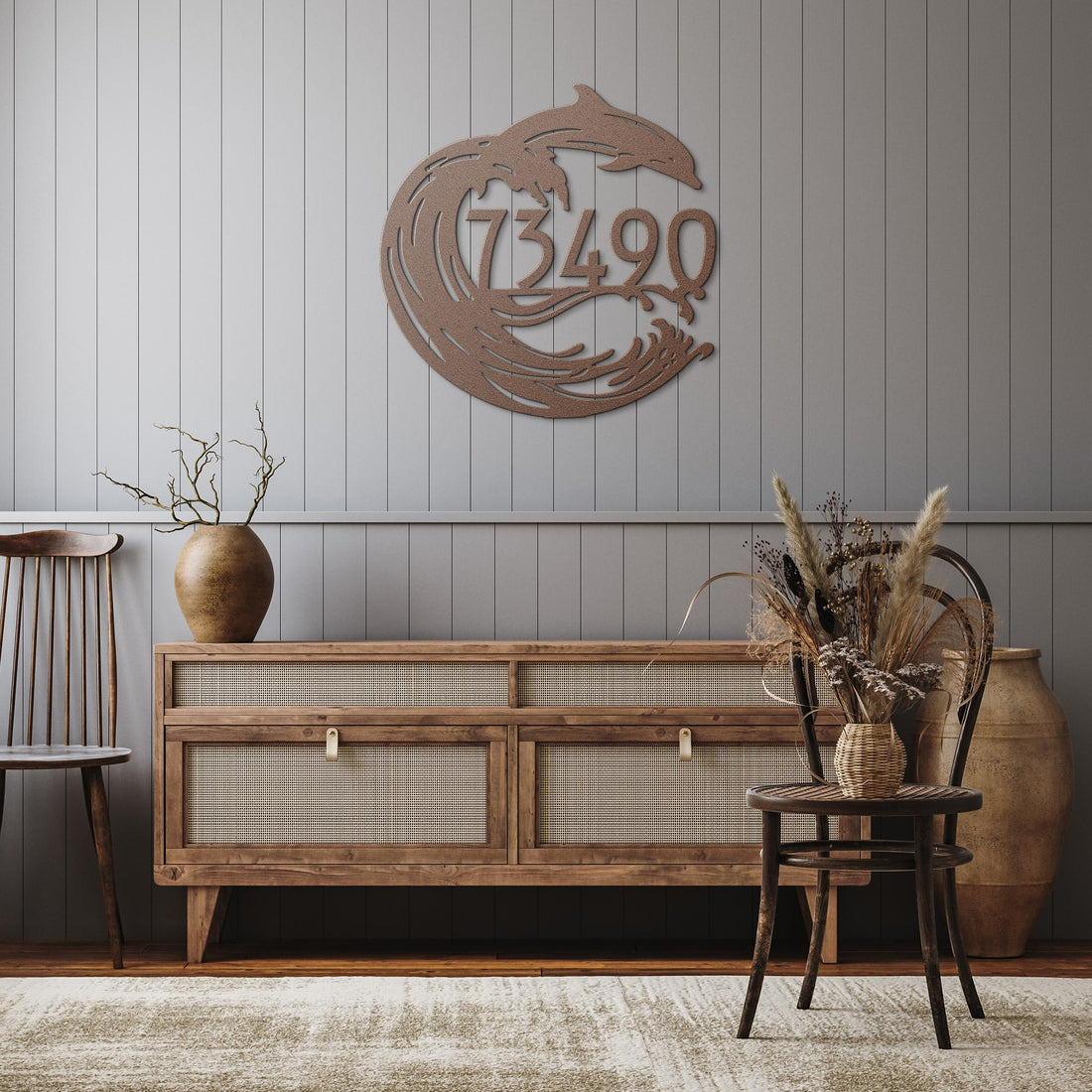 Dolphin_Joy_Address_Sign_Copper_Rustic_Hallway_Mockup