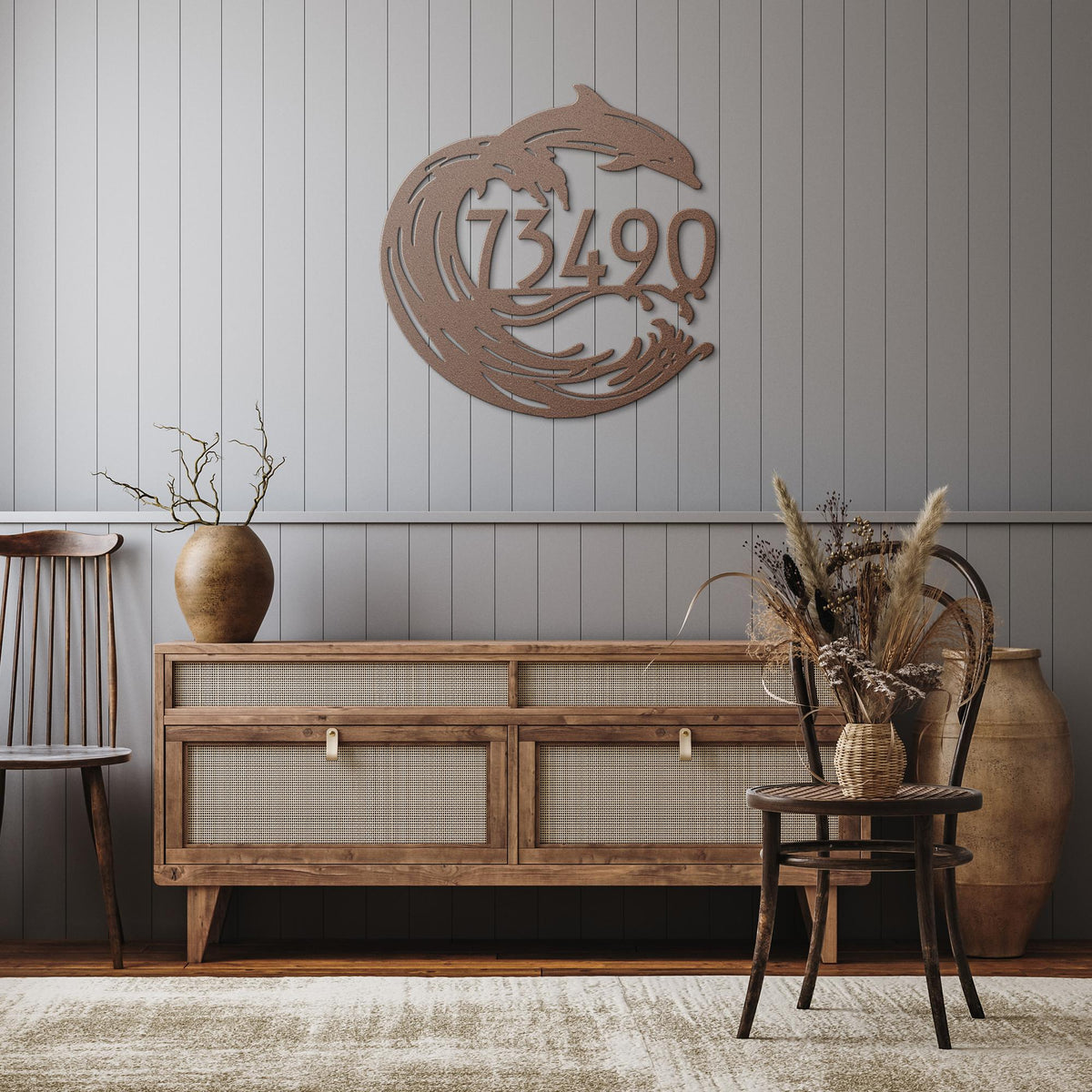 Dolphin_Joy_Address_Sign_Copper_Rustic_Hallway_Mockup