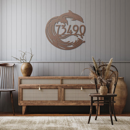 Dolphin_Joy_Address_Sign_Copper_Rustic_Hallway_Mockup