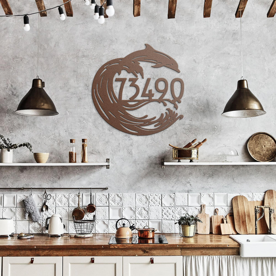 Dolphin_Joy_Address_Sign_Copper_Rustic_Kitchen_Mockup