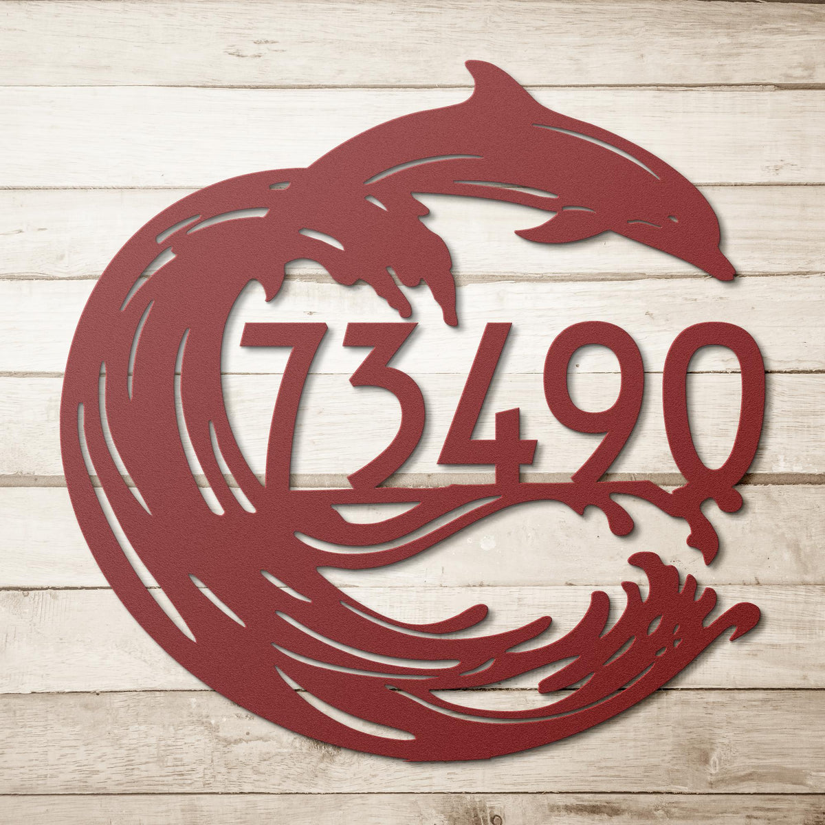 Dolphin_Joy_Address_Sign_Red_Simple_Wood_BKGD_Mockup