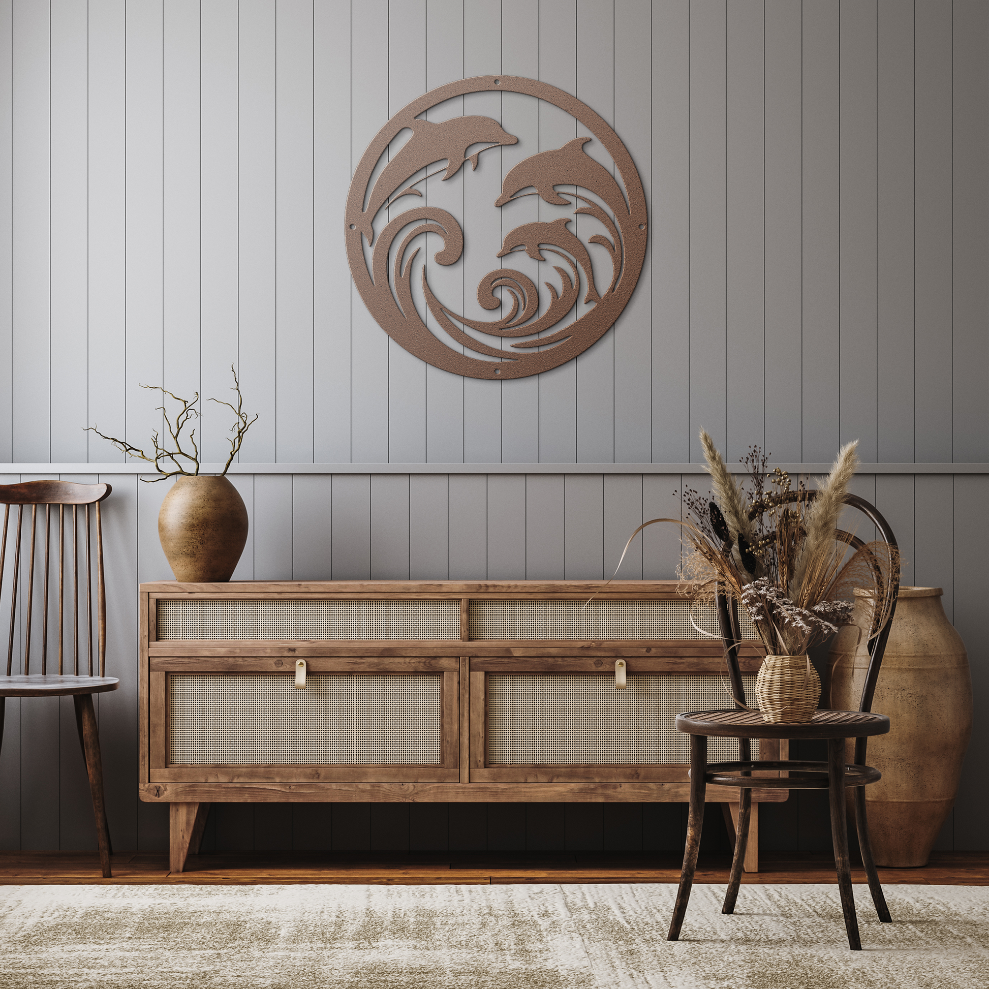 Dolphin_Trio_Round_Metal_Wall_Art_Copper_Rustic_Hallway_Mockup.png