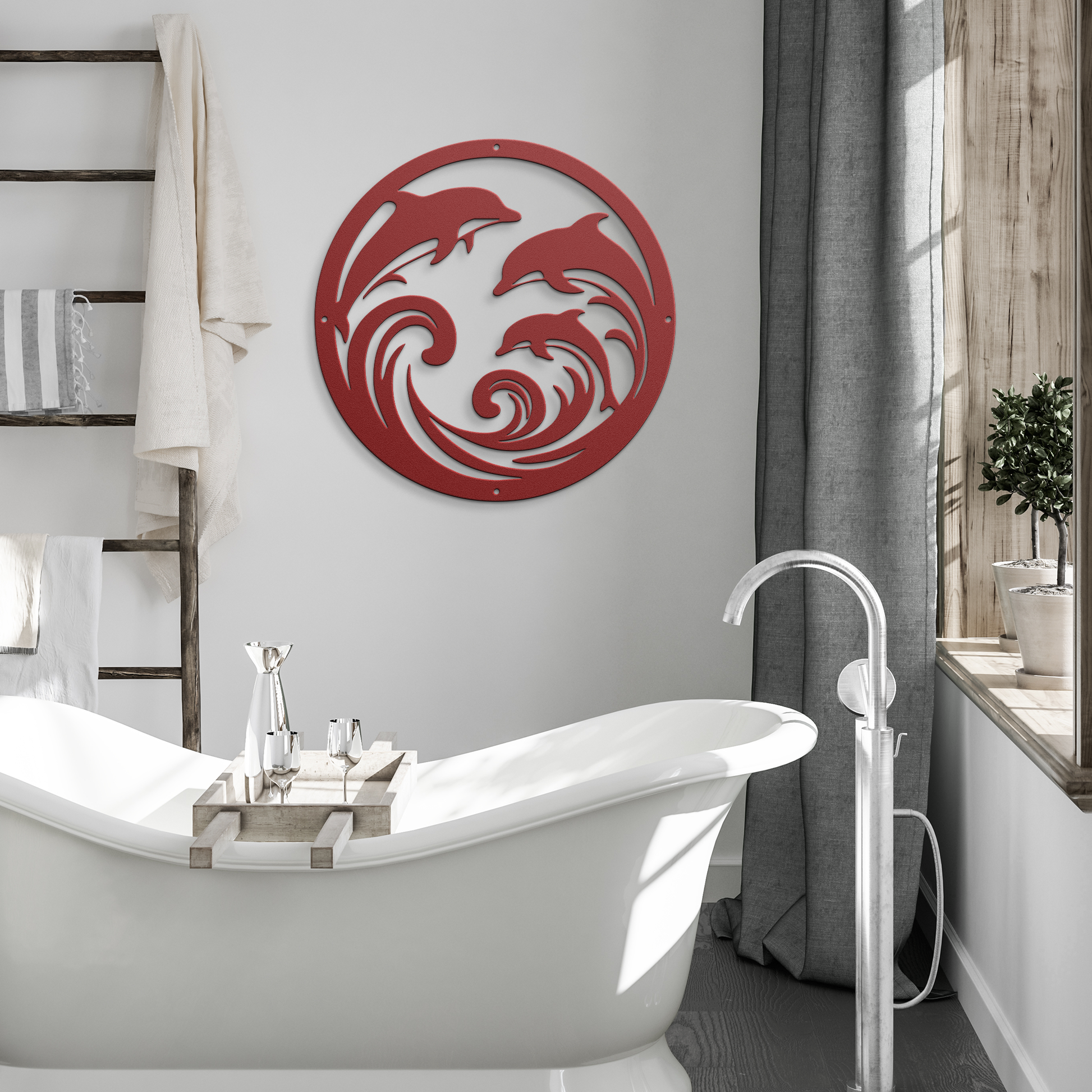 Dolphin_Trio_Round_Metal_Wall_Art_Red_Modern_Bathroom_Mockup.png