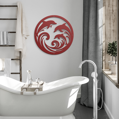 Dolphin_Trio_Round_Metal_Wall_Art_Red_Modern_Bathroom_Mockup.png